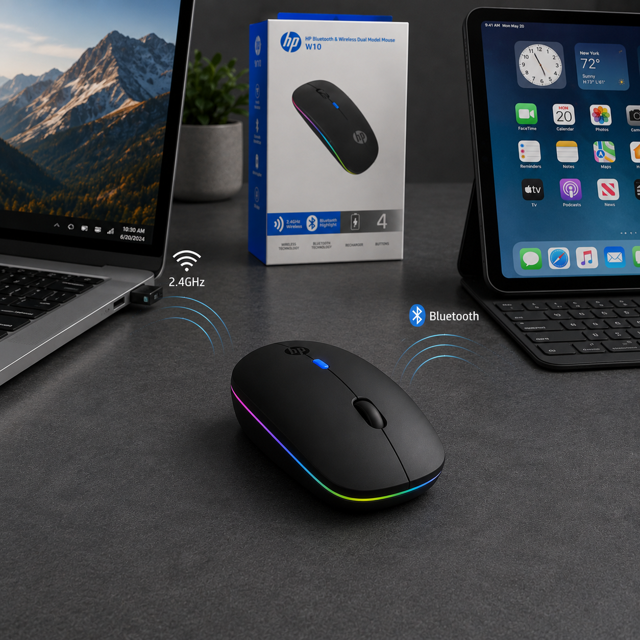 HP W10 Wireless Bluetooth Mouse with RGB Light | Built-in Rechargeable Battery