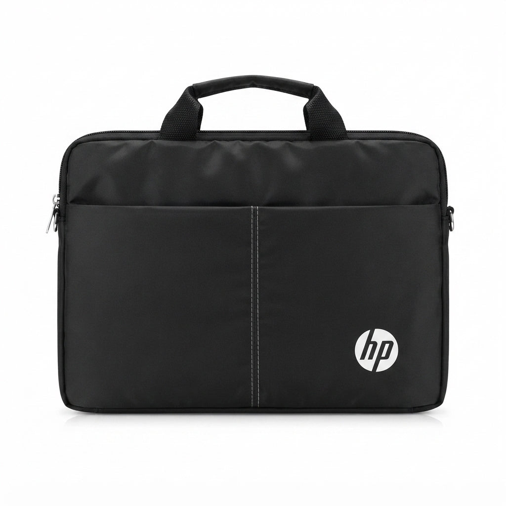 HP Black Fabric Laptop Briefcase Bag with Front Pocket & White Logo