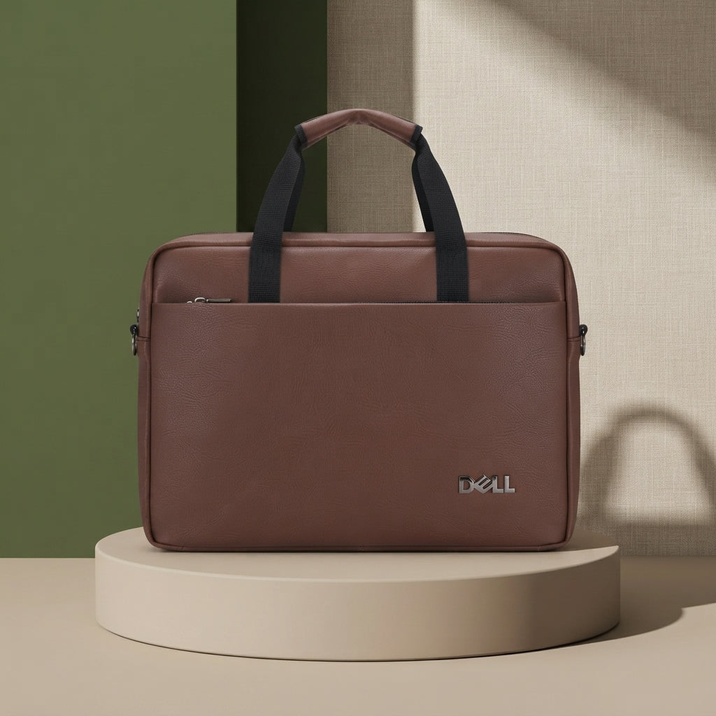 DELL Premium Brown Faux-Leather Laptop Briefcase Bag – Business Messenger Bag