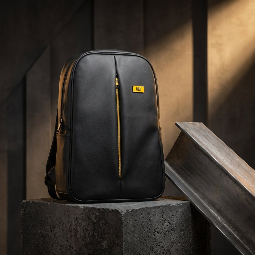 CAT Urban Rugged Black Leather Laptop Backpack – Yellow Accent Series