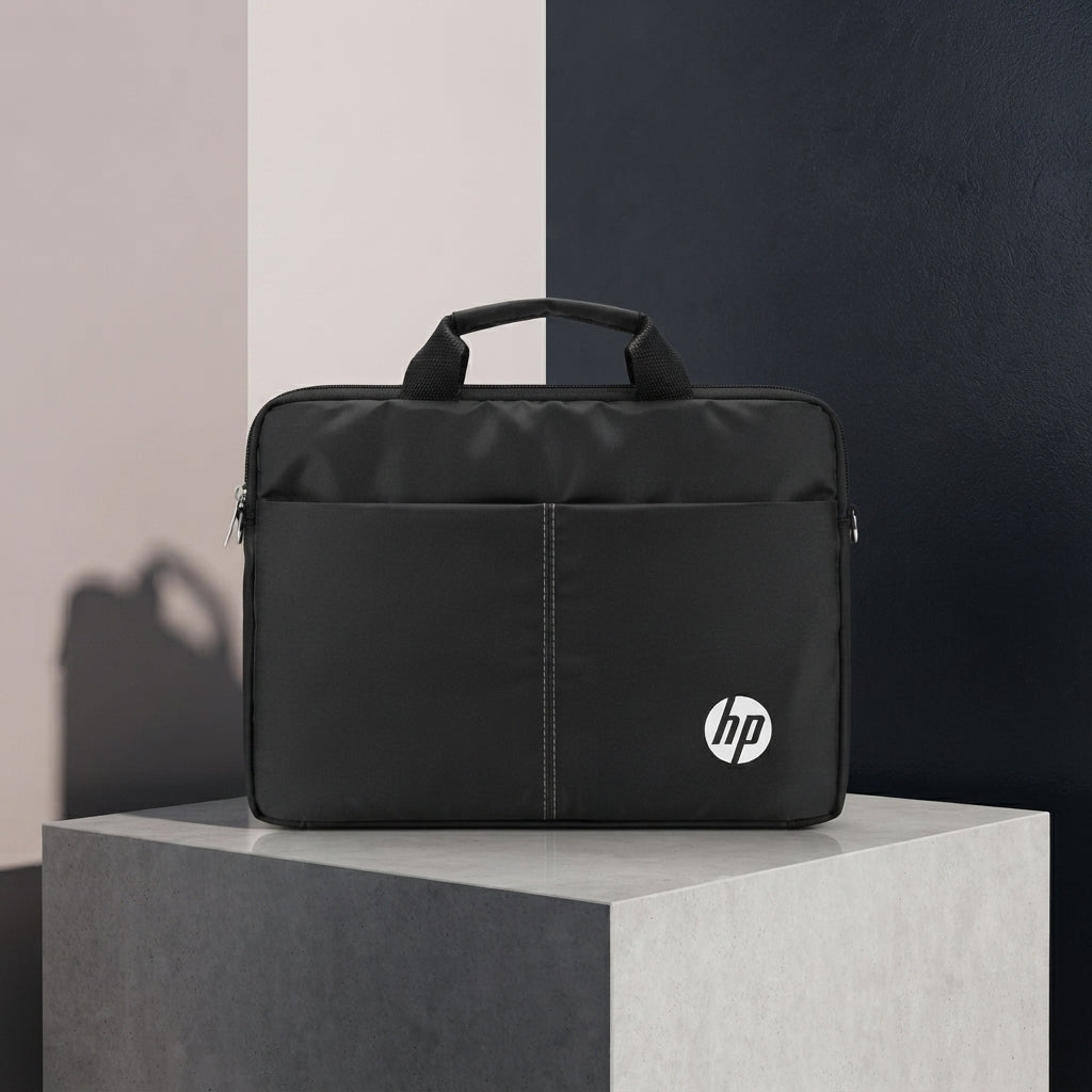 HP Black Fabric Laptop Briefcase Bag with Front Pocket & White Logo