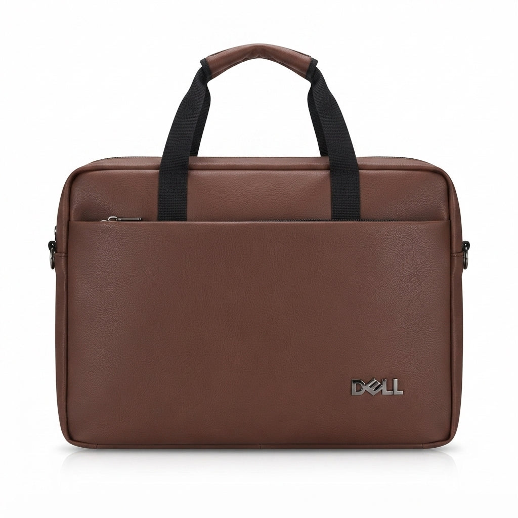 DELL Premium Brown Faux-Leather Laptop Briefcase Bag – Business Messenger Bag