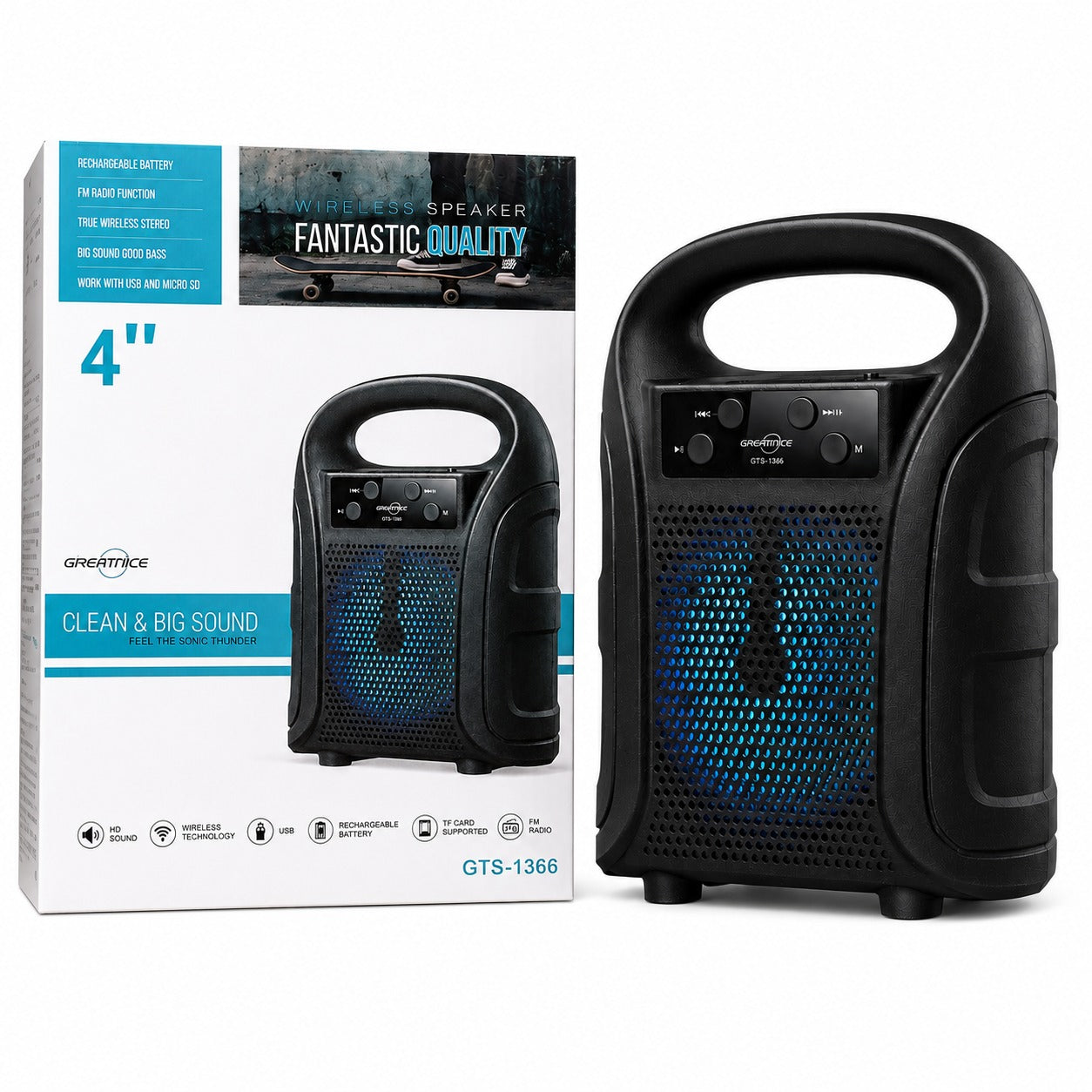 GREATNICE GTS-1366 4" Portable Wireless Bluetooth Speaker – Heavy Bass & FM Radio